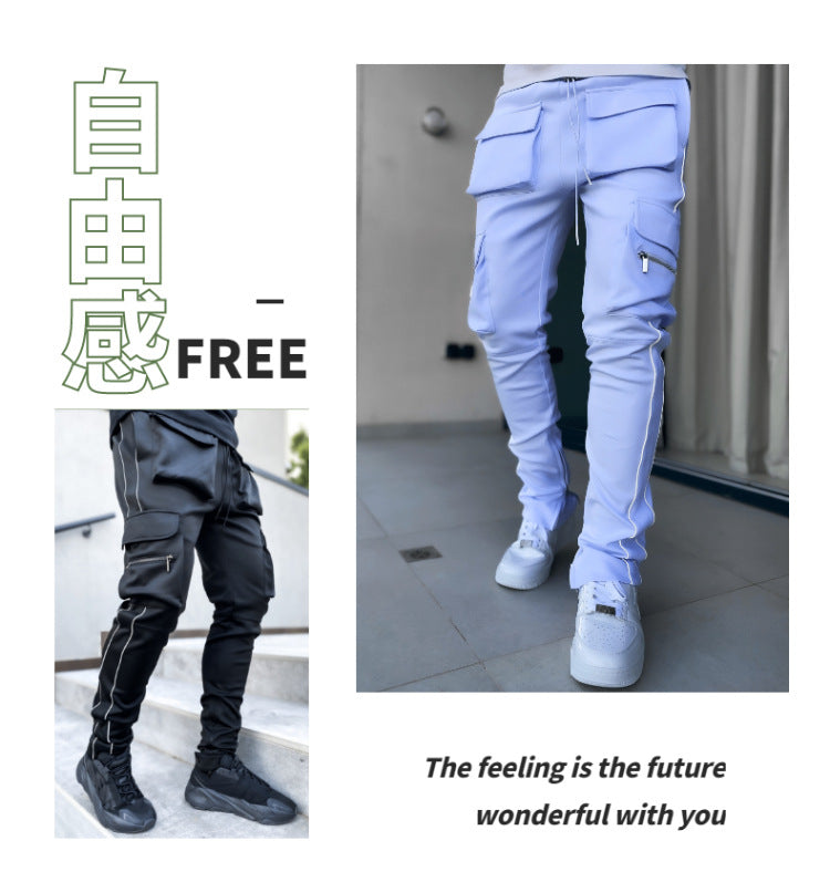 Spring and Autumn Workwear Pants Men's Fashion Brand Elastic Multi-Bag Reflective Straight Sports Fitness Casual Trousers