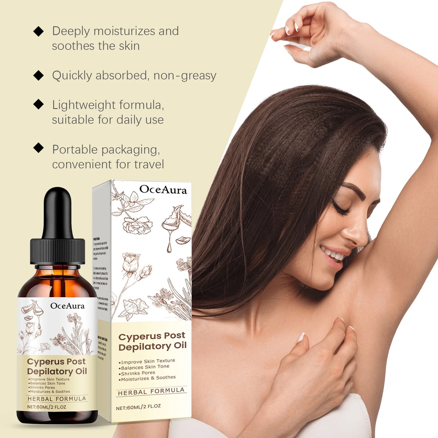 Post Hair Removal Oil - Moisturizing Skin Care Oil With Cyperus Extract For Smooth Hydrated Skin After Depilation