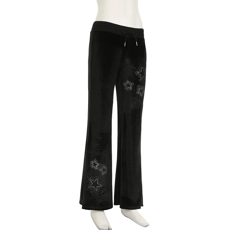AltGoth Y2k Streetwear Gothic Velvet Pants Women Dark Cyber Punk Harajuku Grunge Pentagram Printed Low Waist Stright Pants Femme