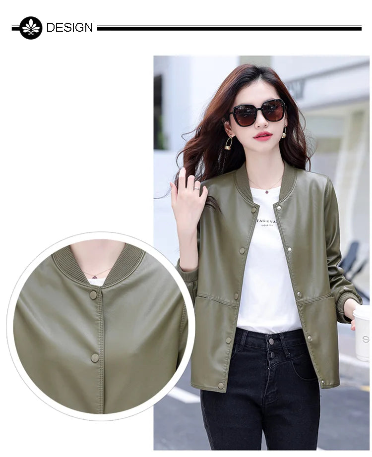 New Women Casual Leather Jacket Spring Autumn Fashion Patchwork V-Neck Single Breasted Loose Short Outerwear Split Leather