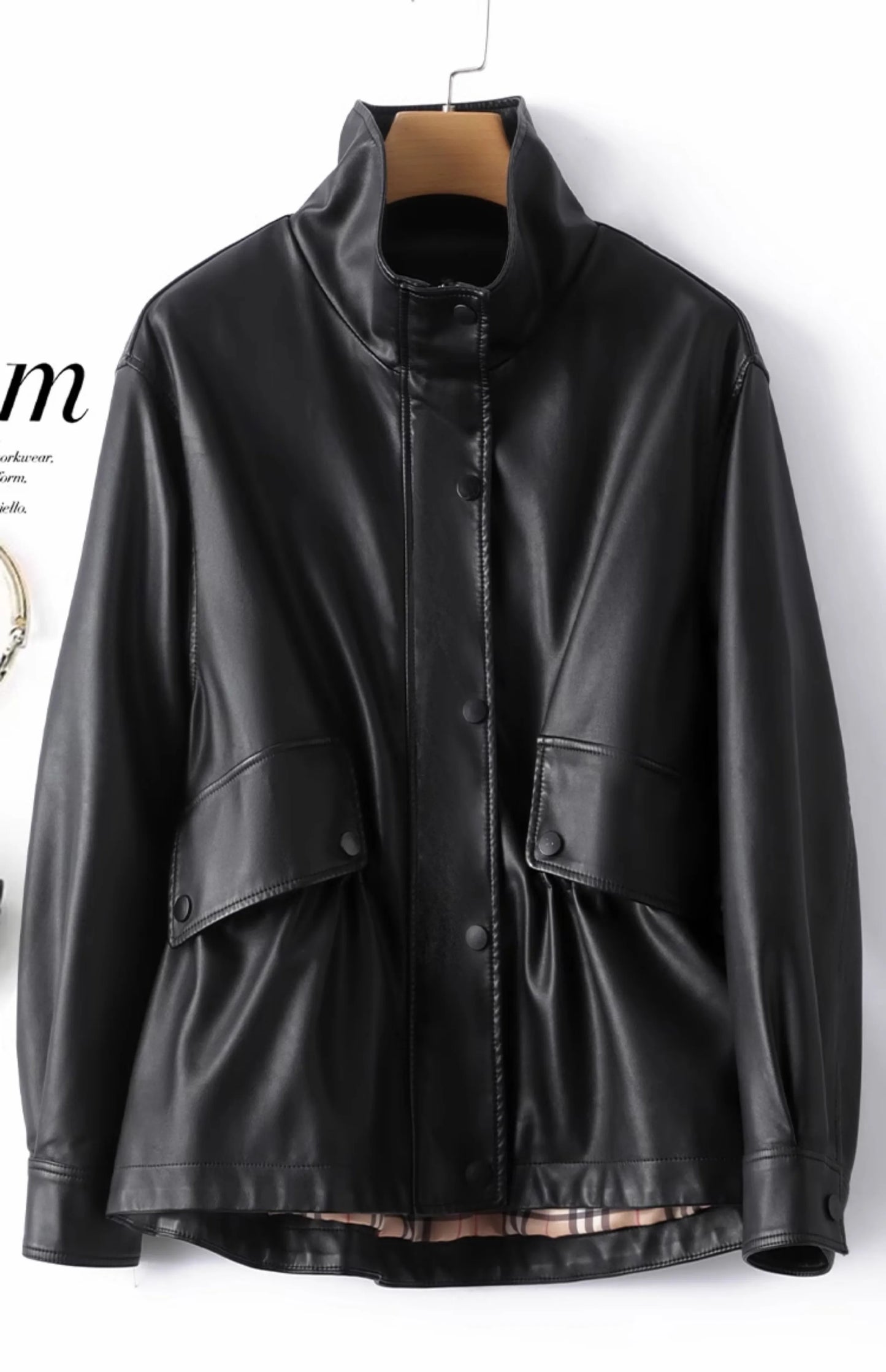 M-3XL Fashion Stand Collar Shrink Waist Sheepskin Jackets 2024 Fall Casual Loose Female Zipper Covered Button Split Leather Coat