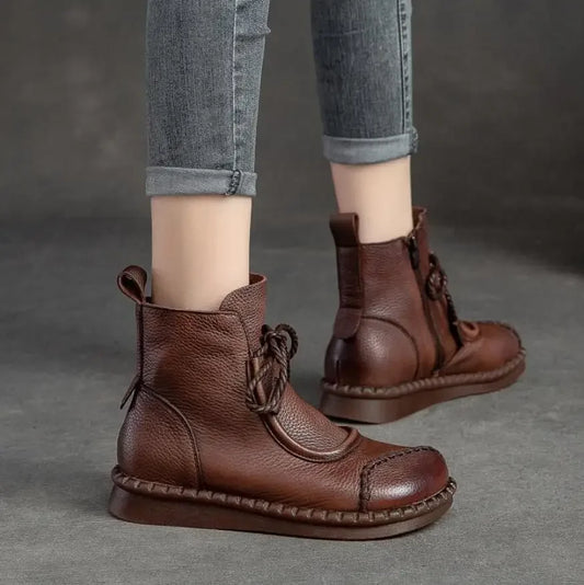 Women's Boots Spring Autumn New Retro Non-Slip Soft Bottom Flat Shoes Comfortable Soft Cowhide Ankle Boots