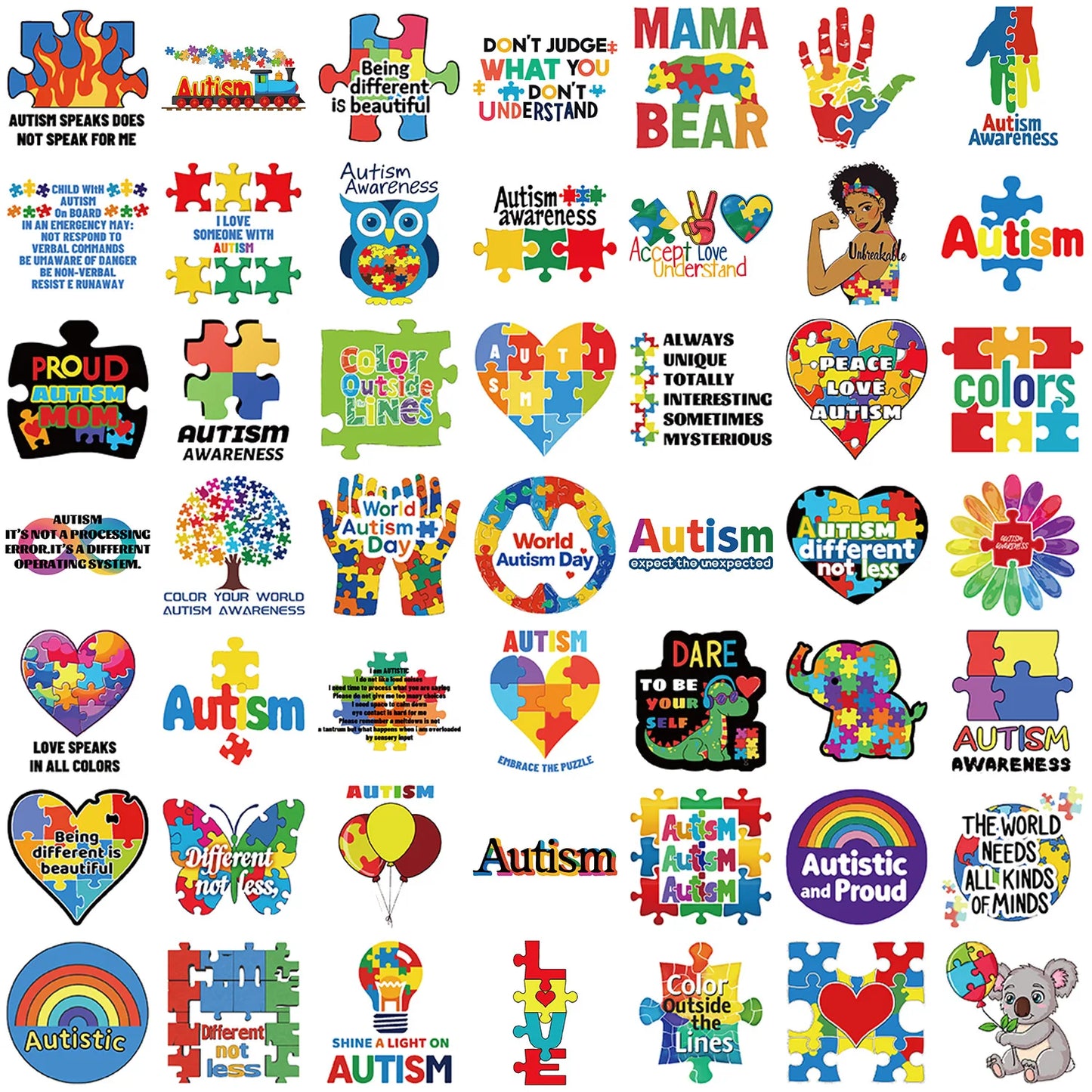 50Pcs Colorful Cartoon Autism Stickers Autism Awareness Decals for DIY Helmet Guitar Phone Laptop Motorcycle Luggage Stickers