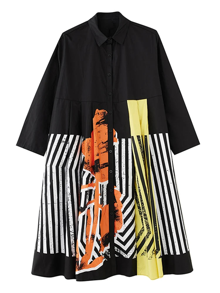 Long Sleeve Patchwork Vintage Print Dresses For Women Loose Casual Midi Dress Robe Fashion Elegant Clothing Spring Autumn 2025