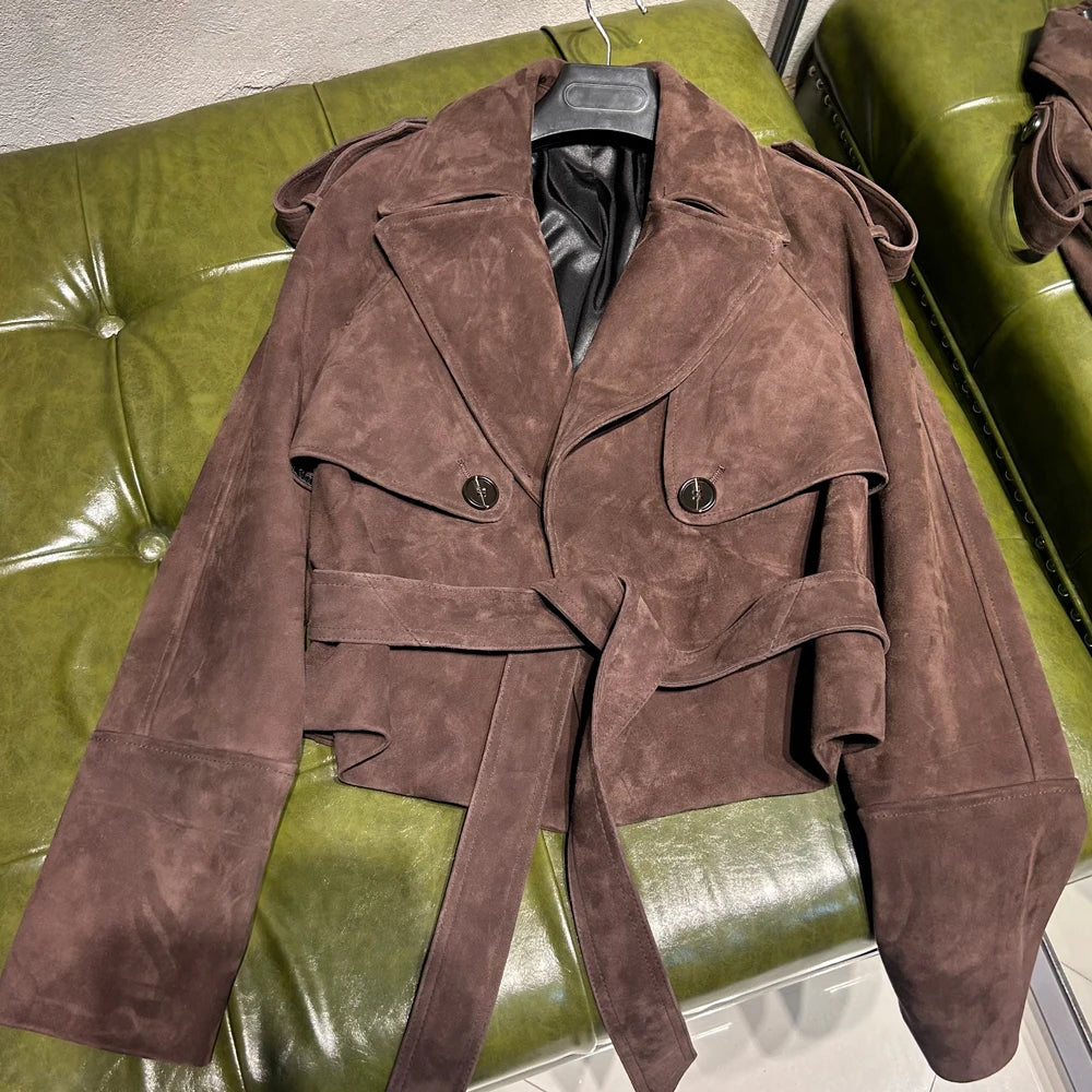 Elegant Black Leather Jacket Women Grained Sheep Leather Jackets New Style Lace-up Leather Jacket