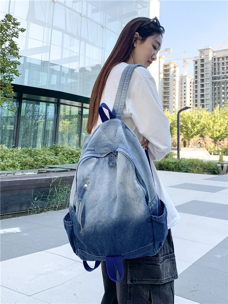 Men's and Women's Backpacks, Student School Bags, Large-Capacity Washed Denim Bags