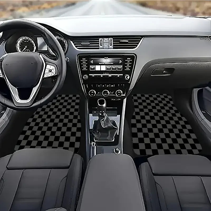 4pcs Universal Floor Mats Checkered Front Rear Carpets Floor Mats Auto Interior Decorative Accessory Anti Slip Car Carpet Sets