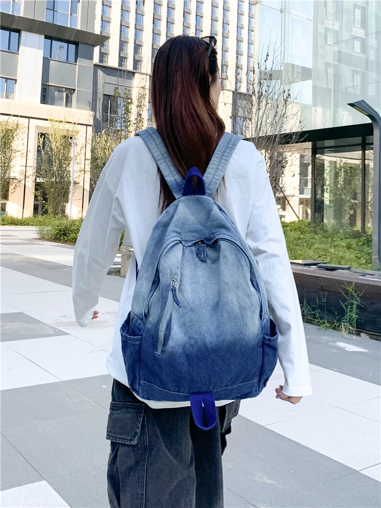 Men's and Women's Backpacks, Student School Bags, Large-Capacity Washed Denim Bags