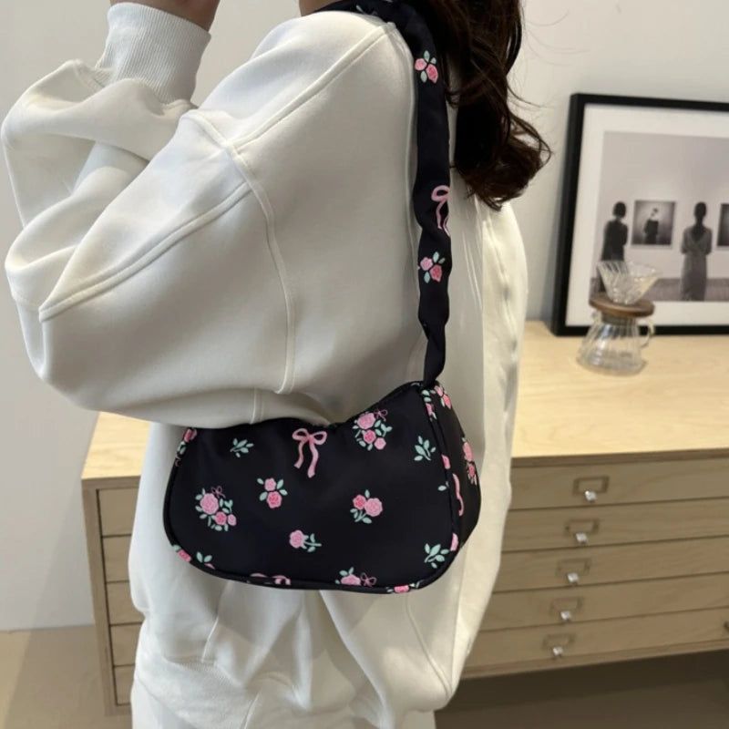 Women's Bags New Sweet Print Canvas Handbags Korean Floral Bow Printed Zipper Tote Bag Female Small Shoulder Bag