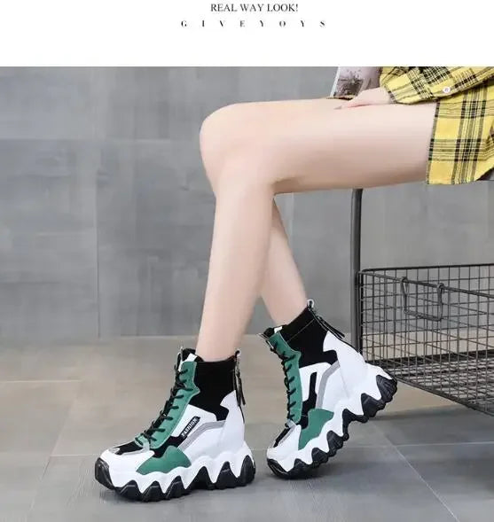 2024 Women Thick Sole Ankle Boots Autumn Luxury Platform Casual Boots Women's 8cm High Heels Wedge Boots Shoes Woman Sneakers