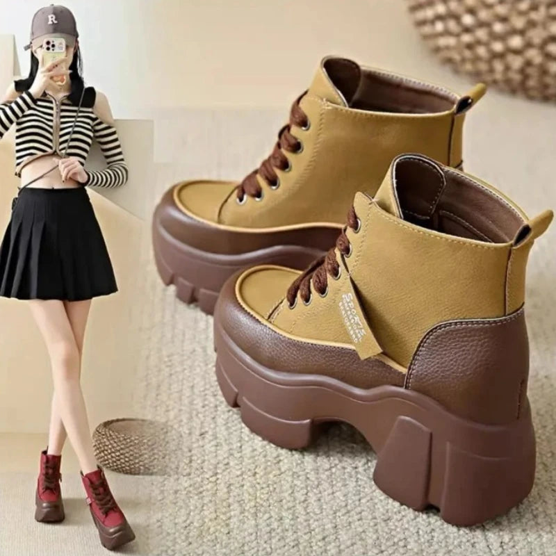 Women's Shoes on Sale High Quality Lace Up Women Boots Winter Round Toe Mixed Colors Short Barrel Platform Increase Height Boots