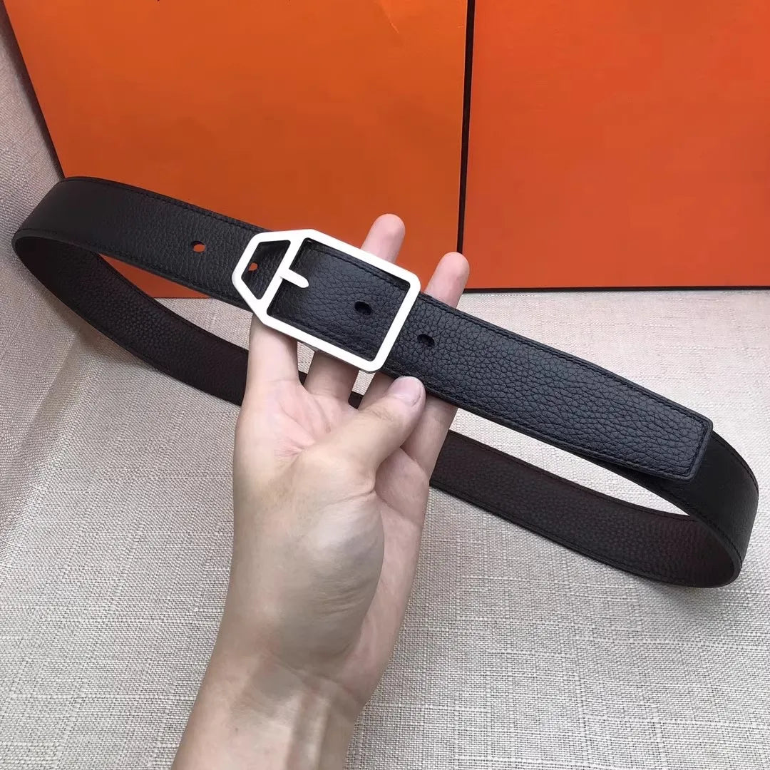 Double-Sided Genuine Leather Belt for Men And Women Casual Lychee Skin Waist Belt Couple Sle Gift Box Soft Surface Stainles...