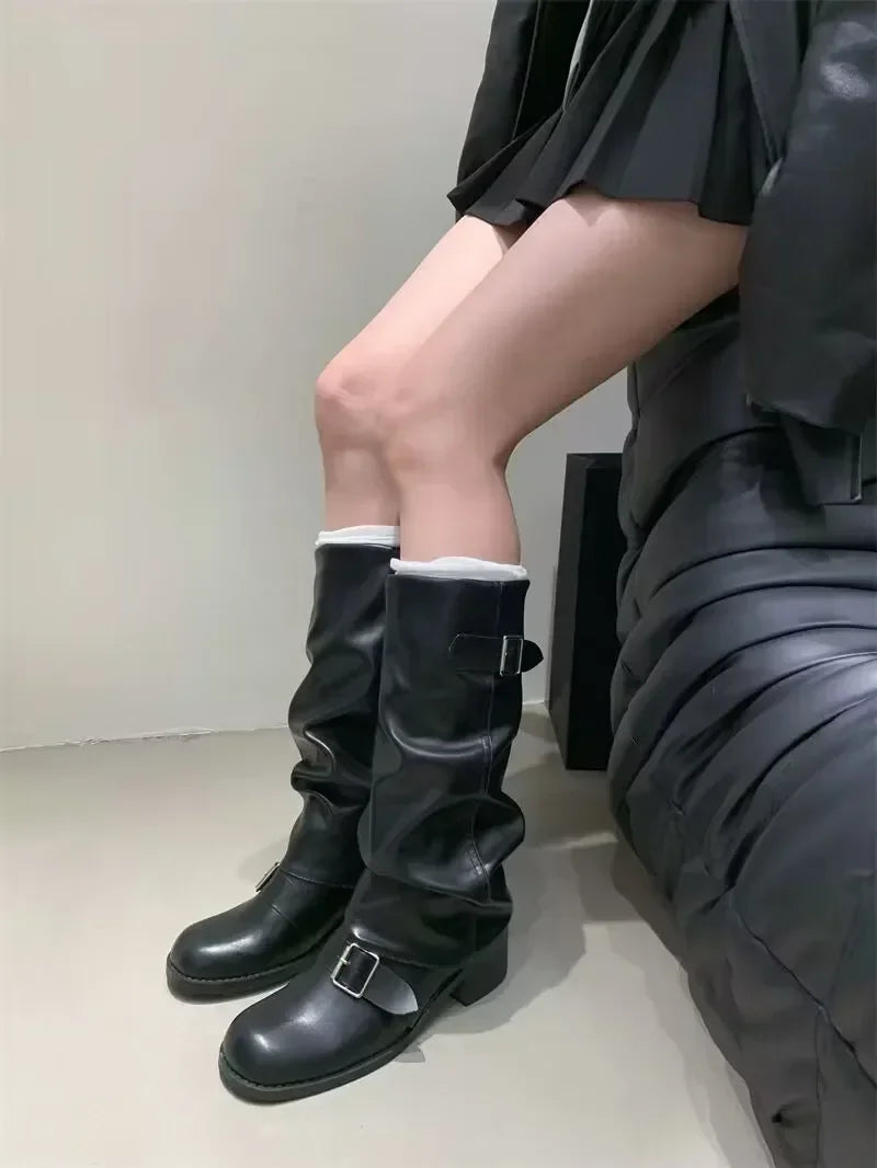 Woman Boots Knee High Platform Chunky Heels Trend Punk Gothic New Rock Leather Fashion Women's Shoes Motorcycle Footwear