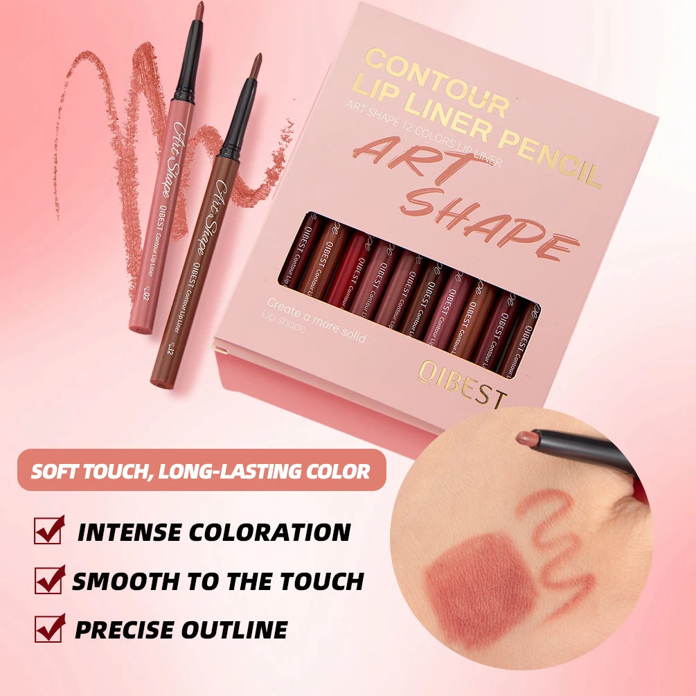 QIBEST Matte Lip Liner Set 12 Colors Nude Shades Lipliner Pen Waterproof Lip Contouring Pencils Lasting Makeup Kits Lipstick Pen