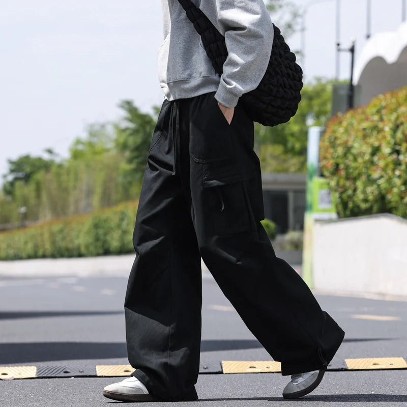 Men's work pants  black straight tube loose paratrooper pants  spring and autumn men's pants  wide leg 2025 new casual pants