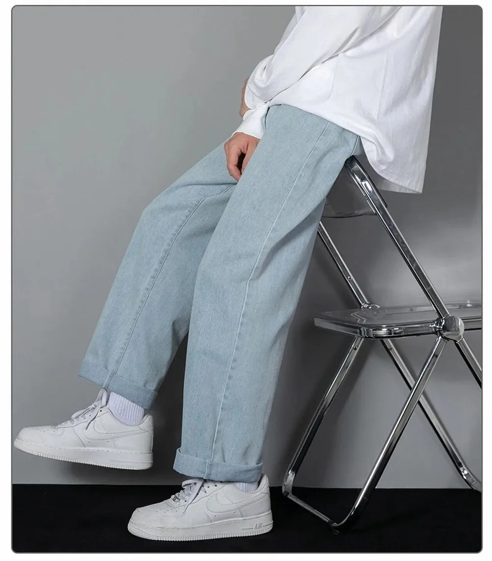 Korean Solid Colors Men's Casual Long Jeans Classic Man Four Seasons Straight Denim Wide-leg Pants Light Blue Grey Black 3XL