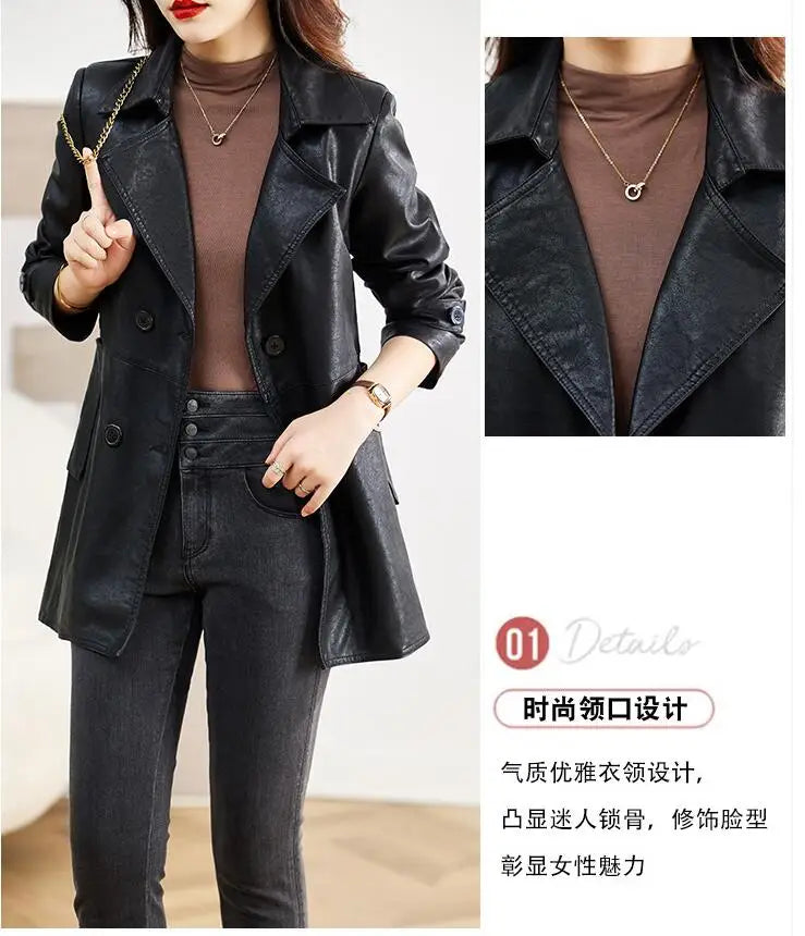 Turn-down Collar Genuine Leather Jacket Women Korean Fashion Slim Sheepskin Coat Black Real Leather jackets ladies Casual Blazer