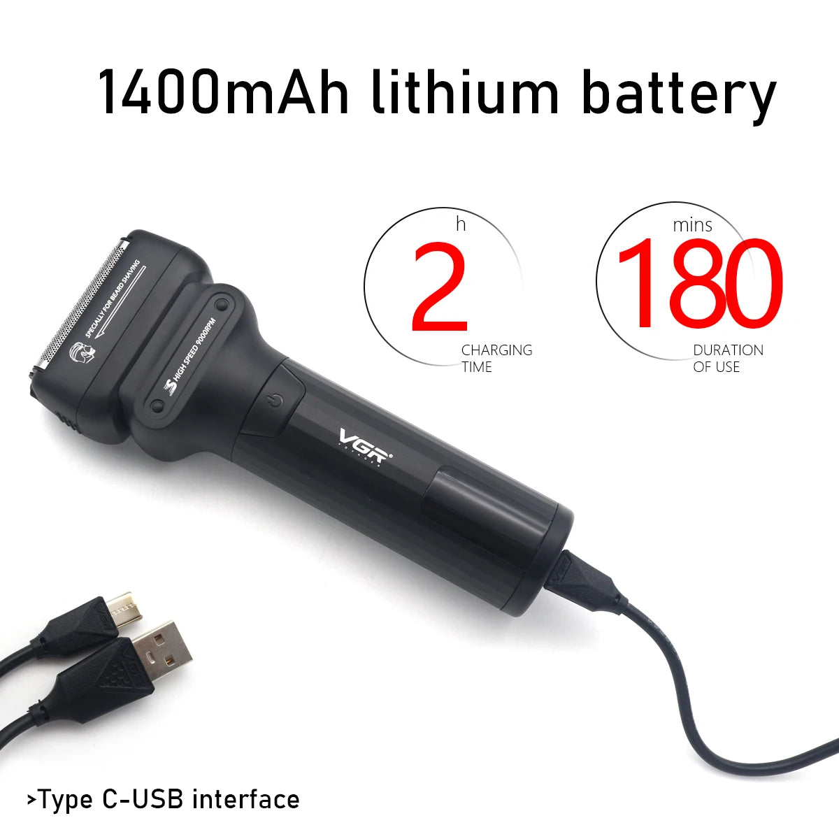 VGR V368 Beard Trimmer for Men with Double Foil Washable 9000RPM DC Motor Professional Barber Machines Shaving Machine