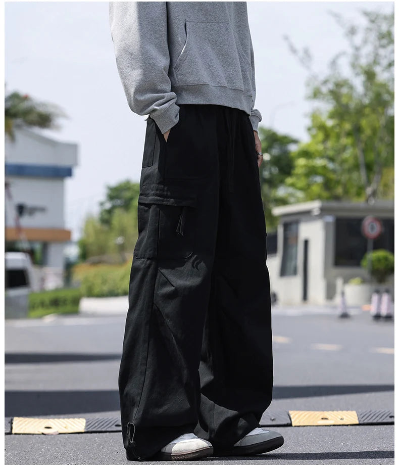 Men's work pants  black straight tube loose paratrooper pants  spring and autumn men's pants  wide leg 2025 new casual pants