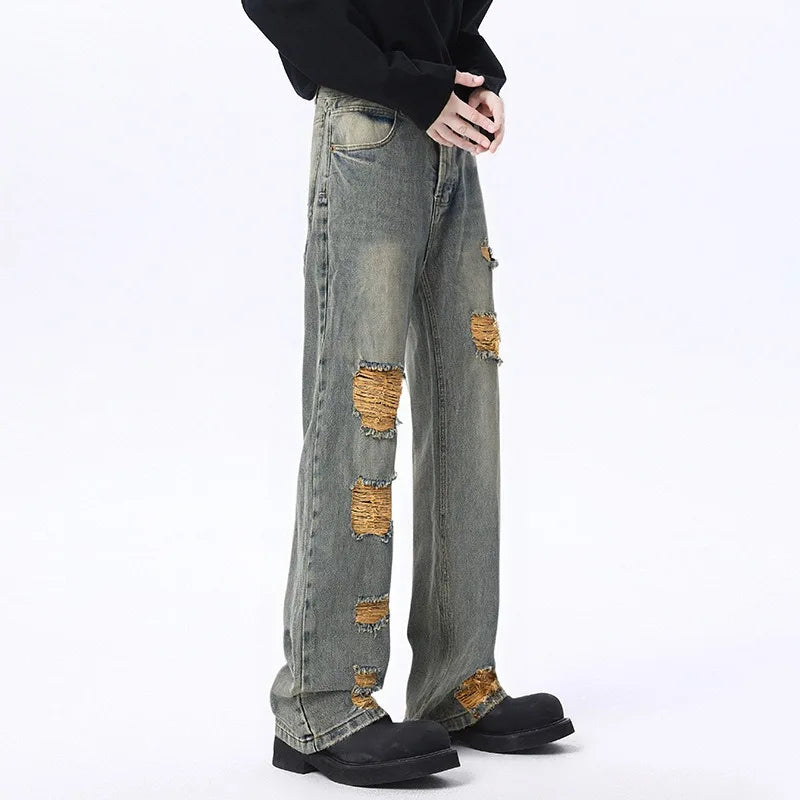 2025 Stylish Minimalistic Washed Ripped Denim Pants for Men Retro High Street Loose Wide Leg Pants for Spring and Autumn