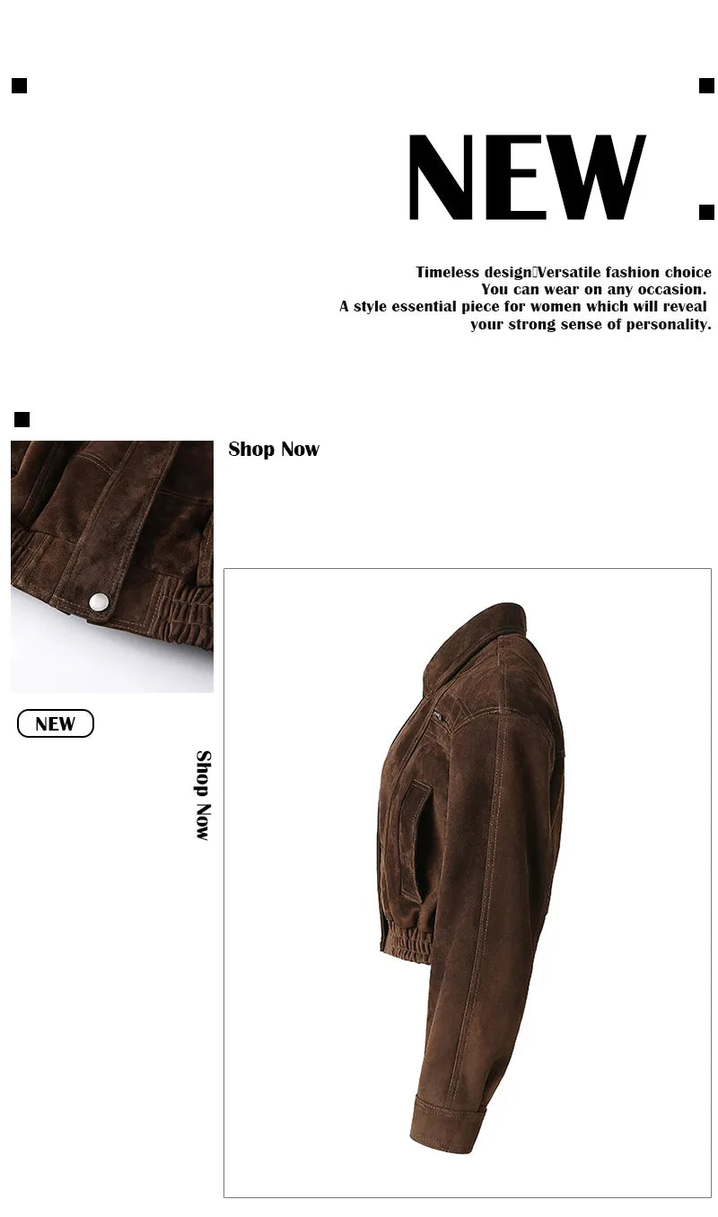2025A Lady's Fashion Real Suede Jacket Genuine Goatskin Suede Bomber Jacket Oversize Leather Coat Women's Suit