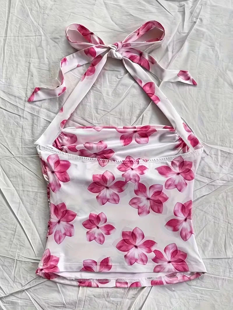 Women's summer short top, pink floral camisole vest, suitable for vacation style girls