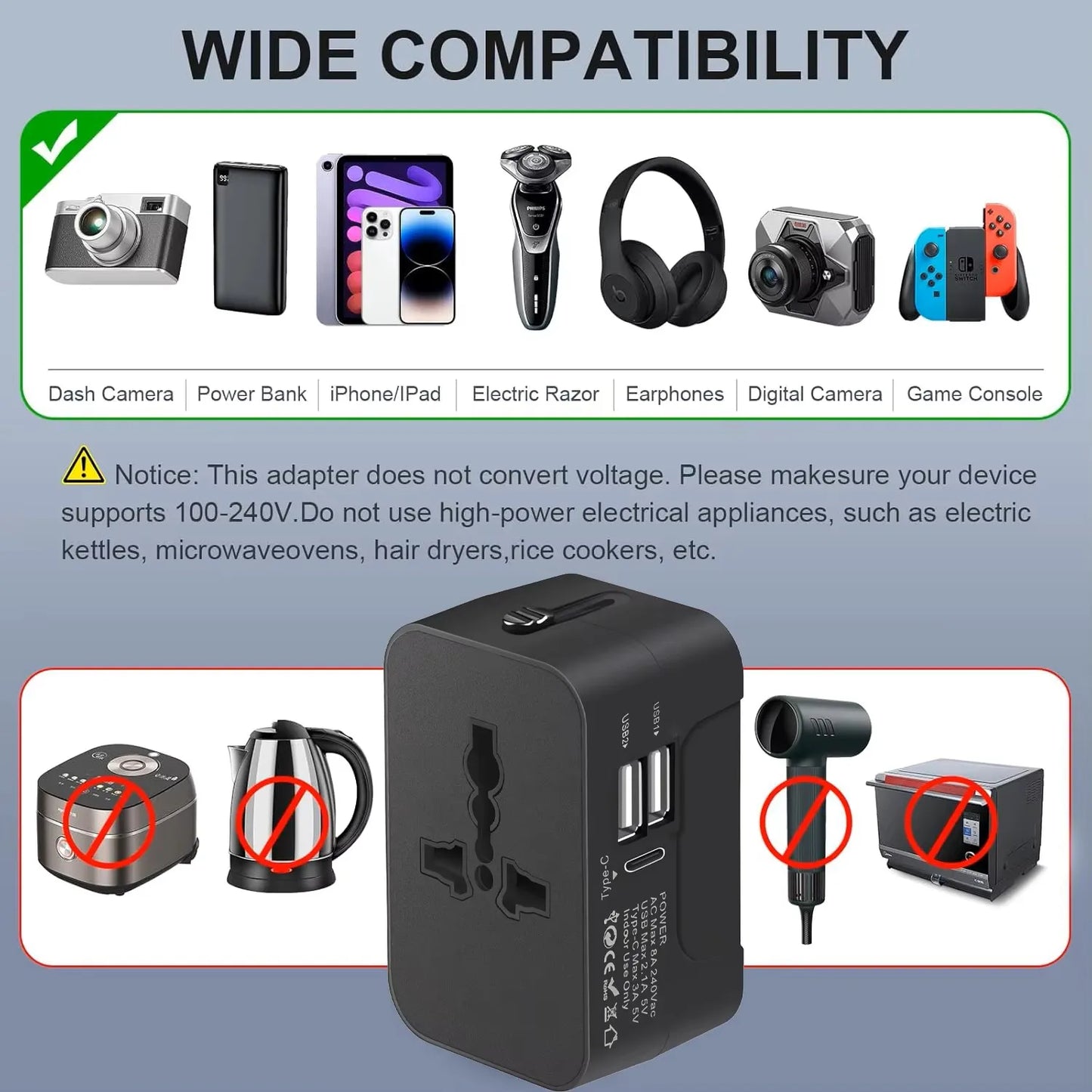 Universal travel plug charger adapter with 2 USB ports/Type-C ports, power outlet converter adapter covering over 150 countries.