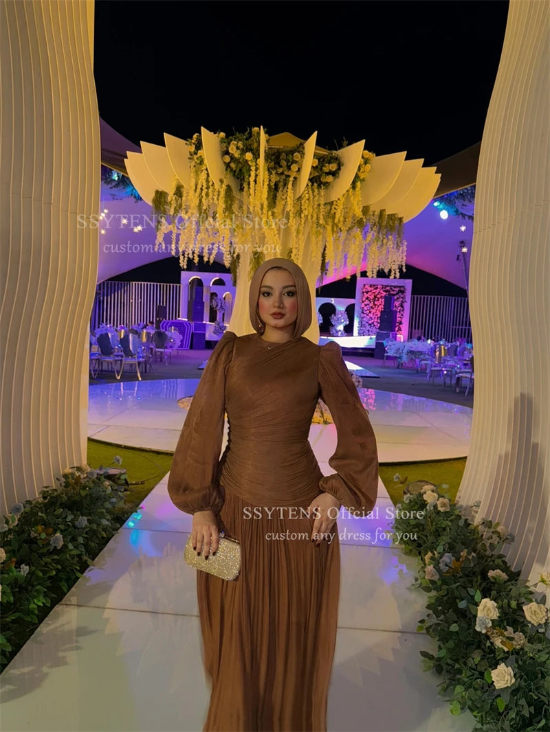 SSYTENS Modest Silk Evening Dresses for Women Full Sleeves Prom Dresses Saudi Arabric Formal Occasions Prom Gowns Customized