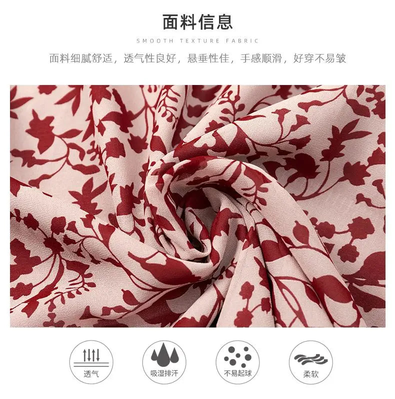 Women's Mulberry Silk Midi Dress V-Neck Three-Quarter Sleeve Red Floral Print Waist Tie Elegant Silk Summer Dress For Mature
