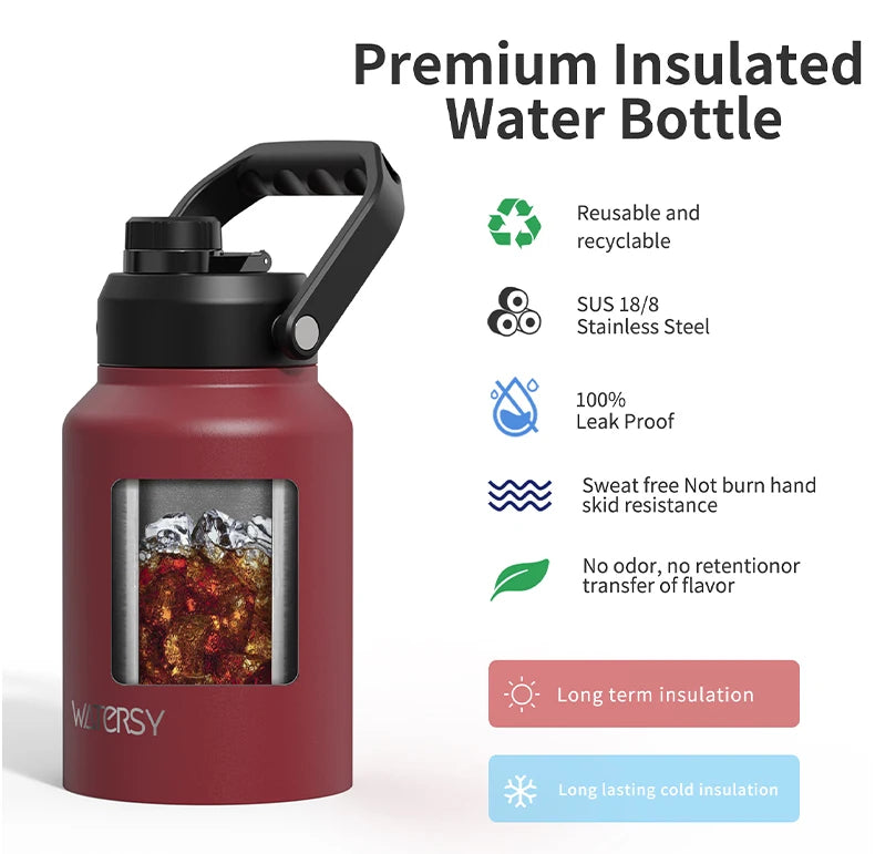 WATERSY 64/87/128oz Insulated Water Bottle Keep Cold for 48H 2L Large Stainless Steel Thermos with Handle for Gym Hiking Camping