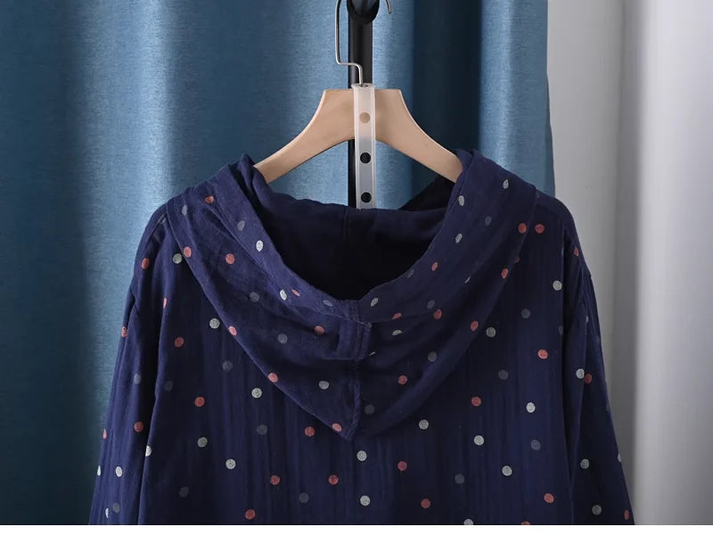 2025 Middle-aged women's clothing 100% cotton yarn hoodies polka dot print shirts long sleeve blouses for women hooded tops