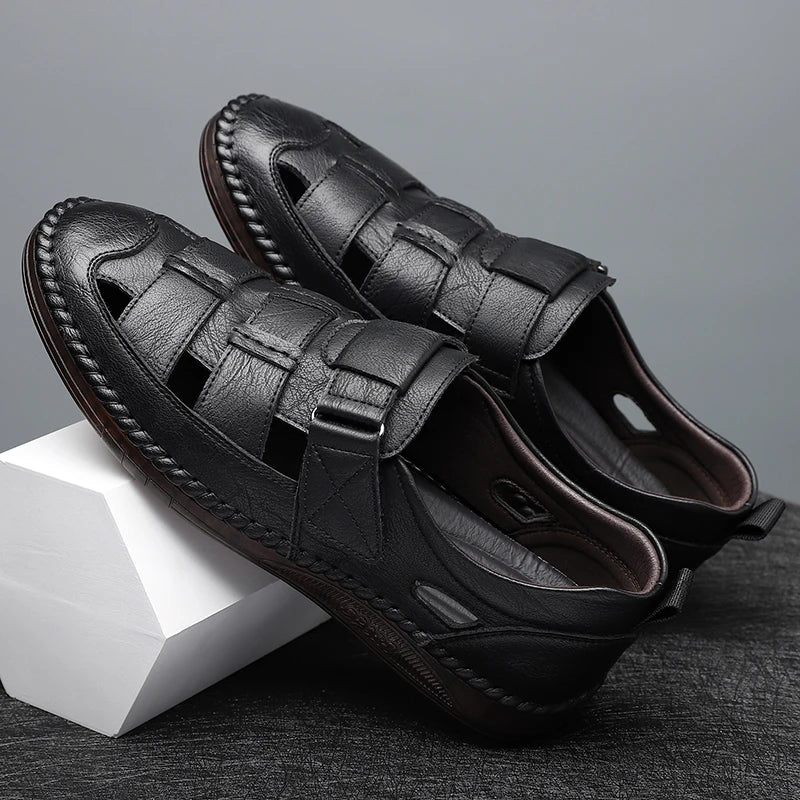 Genuine Leather 2024 Summer Special Offer Men's Business Casual Hollow Work with Holes Leather Sandals Men's Work Hole Sandals