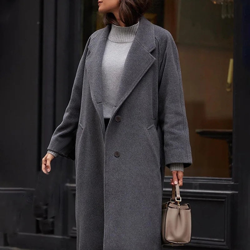 Thick Solid Wool Jackets Women Single Breasted Full Sleeve Coats Casual Warm Turn Down Collar Long Blends Office Lady Autumn