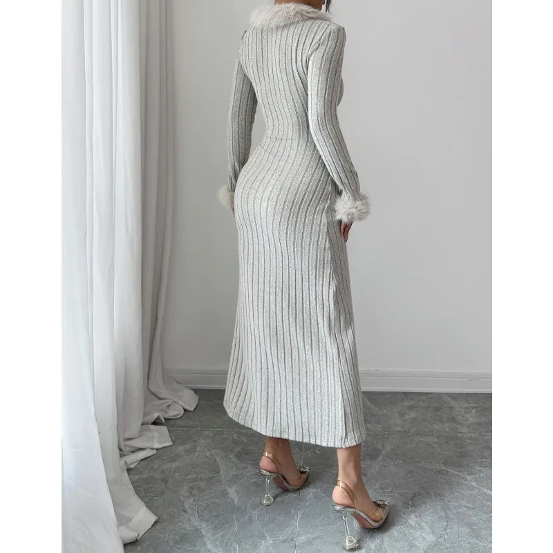 2025 Autumn/Winter Elegant Pure Color Long-Sleeved A-line Skirt Dress