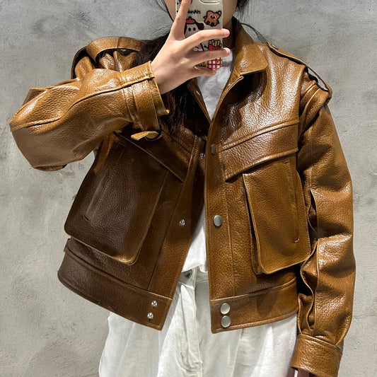 Grained Vintage Leather Jacket Women High Quality Genuine Sheep Leather Coat 2025