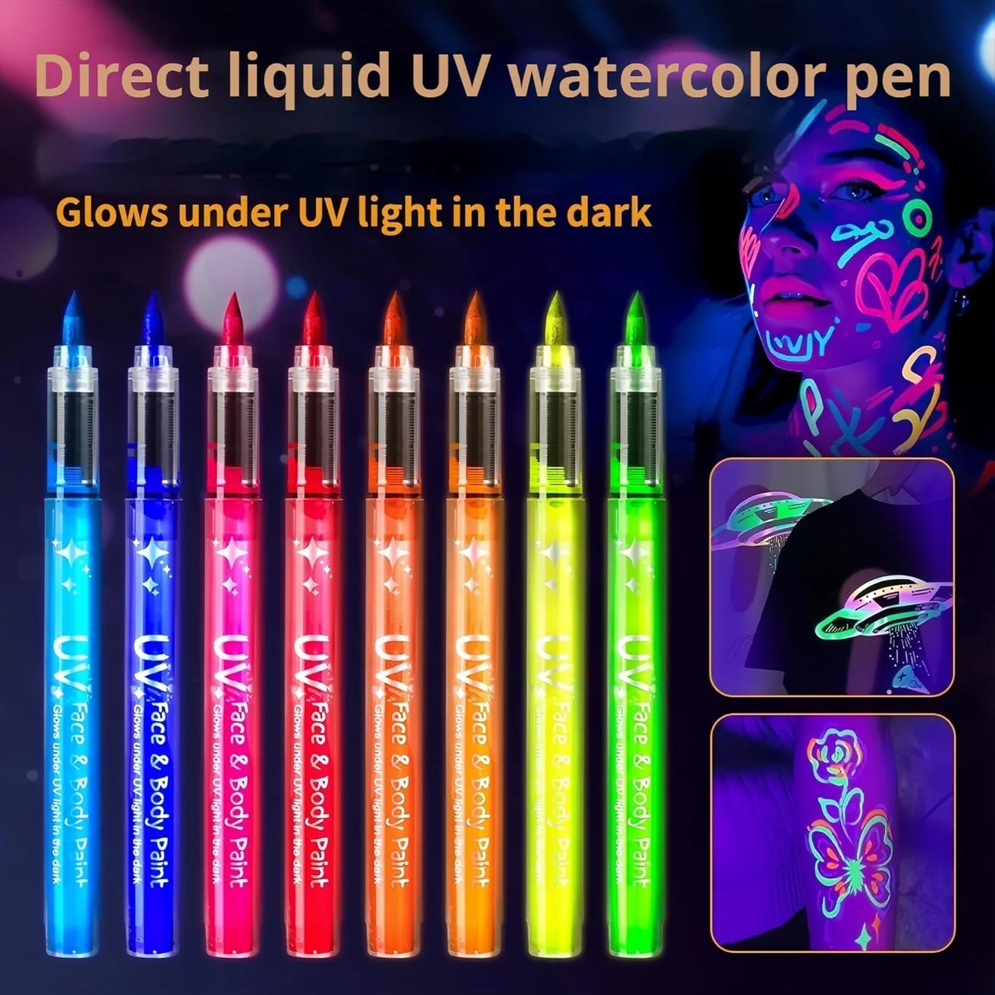 8 Colors UV Neon Face Paint Markers, Glow in the Dark Washable Multi-Surface Art Pens ， Face Painting