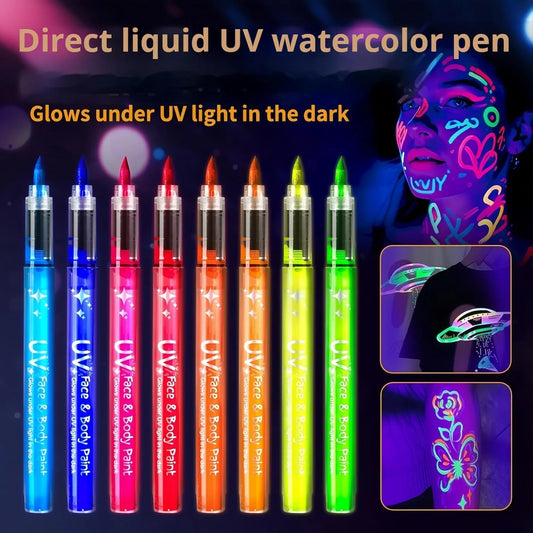 8 Colors UV Neon Face Paint Markers, Glow in the Dark Washable Multi-Surface Art Pens ， Face Painting