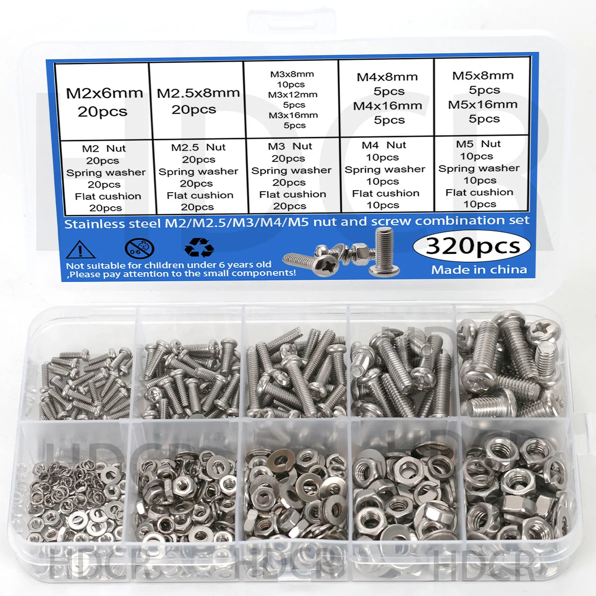 320pcs Stainless Steel Screw Nut Bolt Assortment Kit M2 M2.5 M3 M4 M5 Nuts and Bolts Assortment