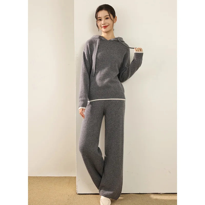 Autumn And Winter New 100 Pure Wool Suit Women Hooded Sweater Wide-Leg Pants Casual Knitting Two-Piece Suit