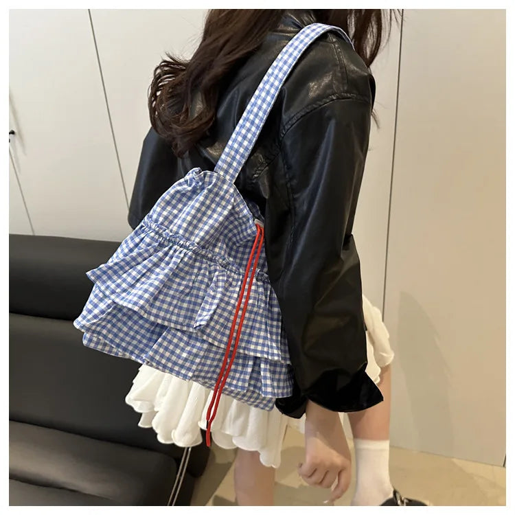 Women's Tote Bag Ruffles Plaid Drawstring Handbag Women Fashion Canvas Shoulder Bags	Large Capacity Korean Bags Bolsos De Mujer