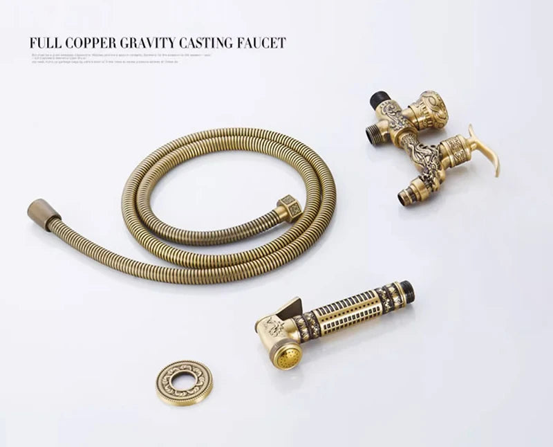 Hand Held Bidet Sprayer Douche Toilet Kit Copper Engrave Shattaf Shower Head Antique Valve Set Jet Bidet Faucet Set Bidet Set