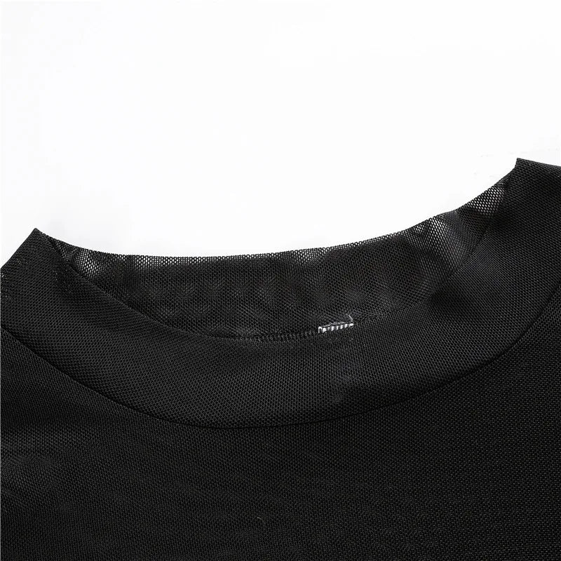 Hot Summer Sexy Top Ultra Short Perspective Round Neck Long Sleeve Solid Color Transparent T-shirt Women's Top