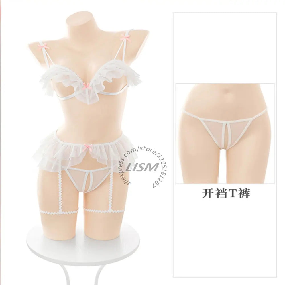 LISM Women's Cute Ruffle Lingerie Set White Sheer Triangle Bra Thong Garter Belt Set for Intimate Wear Cosplay