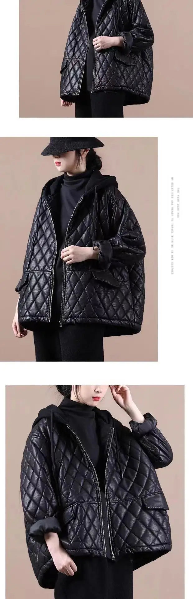 Faionable ort PU Leather Jaet Women's Thiened Cotton Inserted Outerwear Sli Commute Sle Long Sve Zipper Design