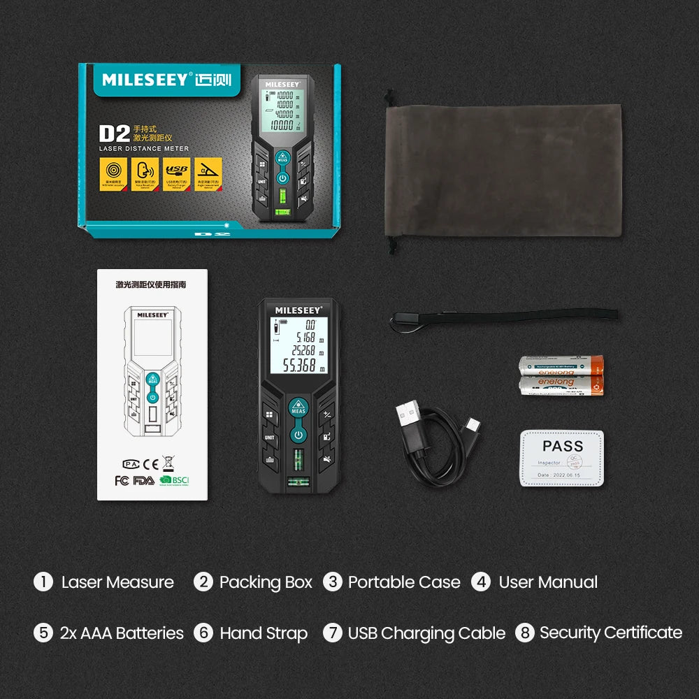 Mileseey D2 Laser Distance Meter,40m/120m Rangefinder,Rechargeable Angle Optional, Ft/M Unit, With Leveling Bubble Measure Tools