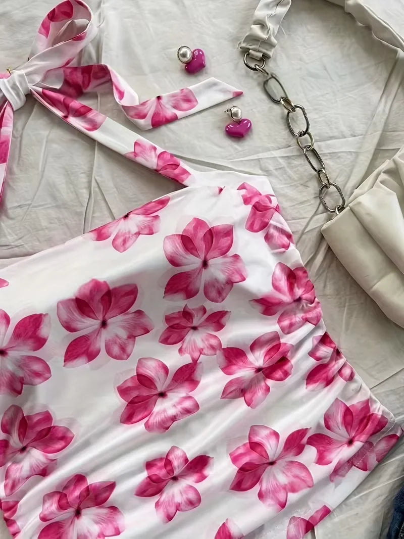 Women's summer short top, pink floral camisole vest, suitable for vacation style girls