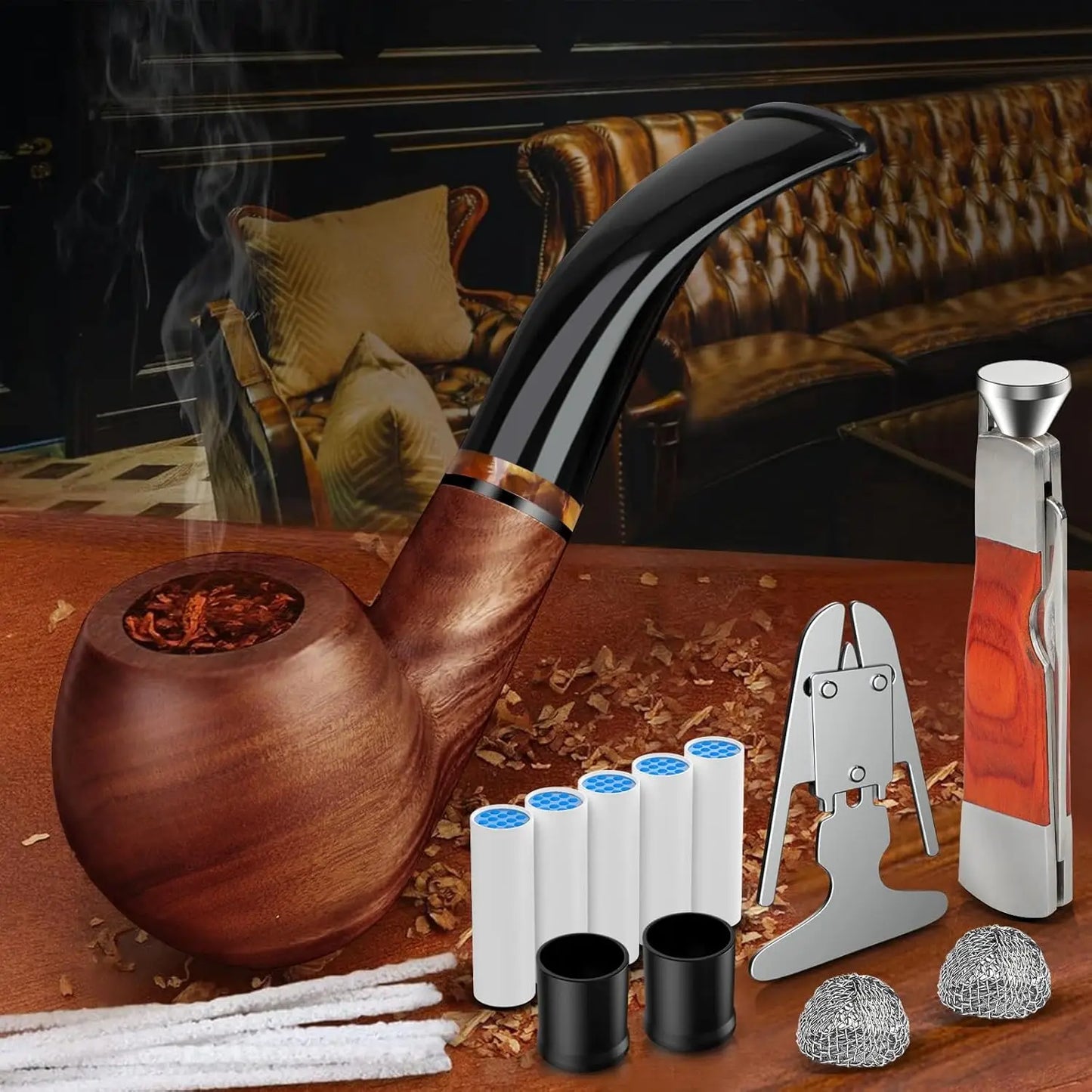 Tobacco Pipe Set Handmade Wood Smoking Pipe with Accessories and Gift Box