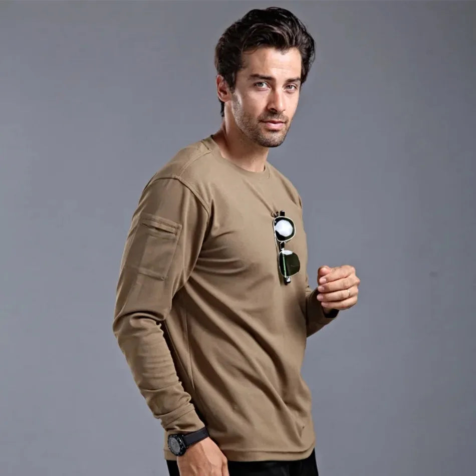 Spring Training Tactical Top Mens Elastic Wear-resistant Outdoor Sports Long Sleeved T-shirt Quick Drying Slim Round Neck Shirt