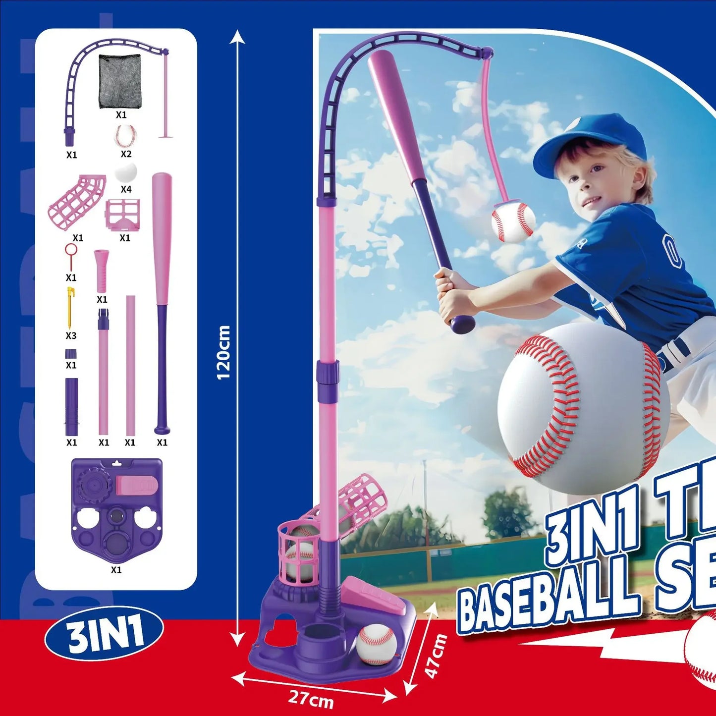 Baseall Set for Kids Indoor Outdoor Sport Toy 3-in-1 Baseball Set with Pitching Machine Adjustable Teeball Batting Toys for Boys