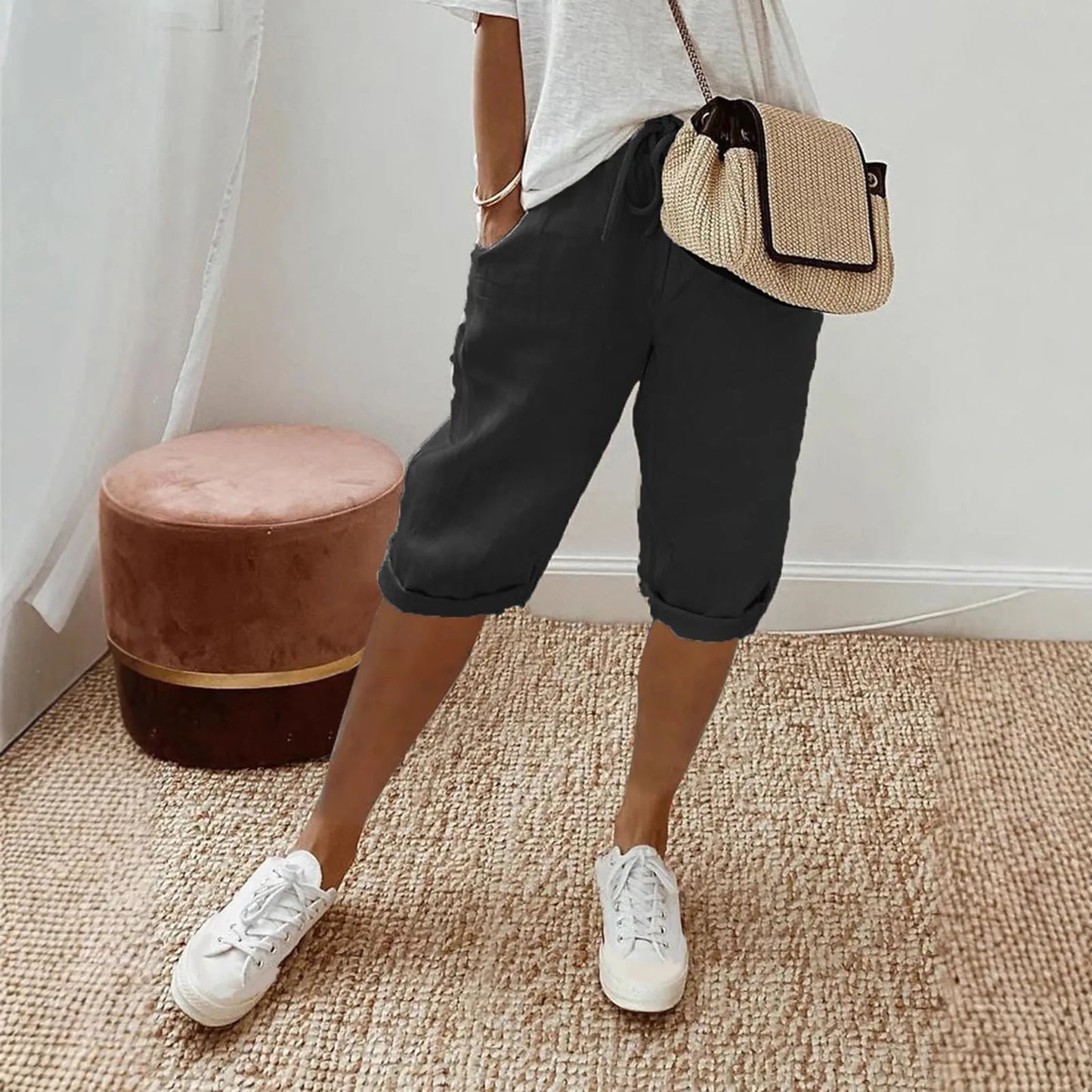 Spring Summer Women's Cotton Linen Trousers Pants Solid Elastic Waist Oversized Pants Women Straight White Homewear Trousers 3XL
